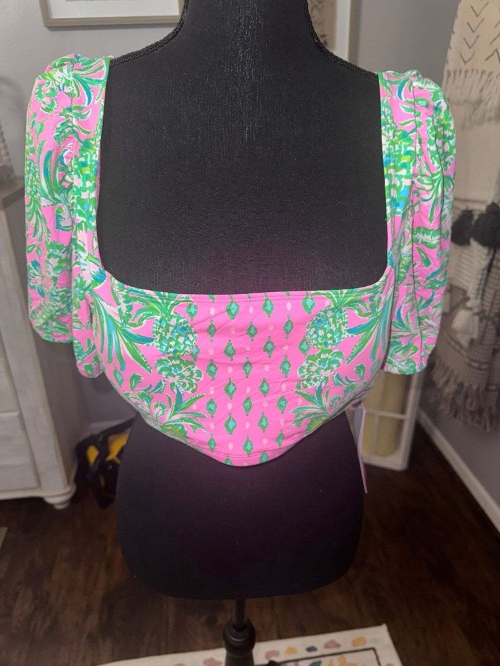 Lilly Pulitzer Pink & Green Pineapple Print Square-Neck Crop Top